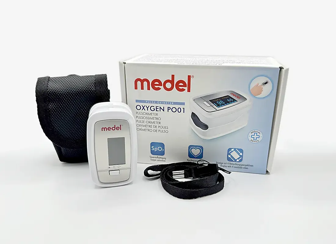 Pulsoximeter für Finger Medel Oxygen PO01 | Sauerstoffsaettigung | Herzfrequenz | Display mit 4 Anzeigeformaten | für Sport und größe Höhen | inkl. Guertel-Tasche und Halteband