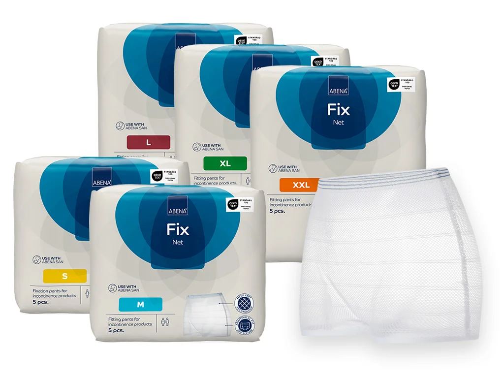 Abena Fit Net Netzhosen, alle Größen in Verpackung sowie eine Netzhose als Beispiel 