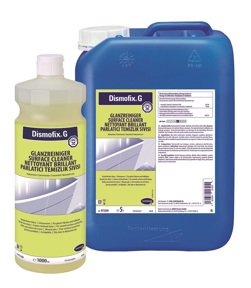 Dismofix® G Glanzreiniger von HARTMANN als 1-Liter-Flasche und 5-Liter-Kanister für die Reinigung wasserfester Oberflächen