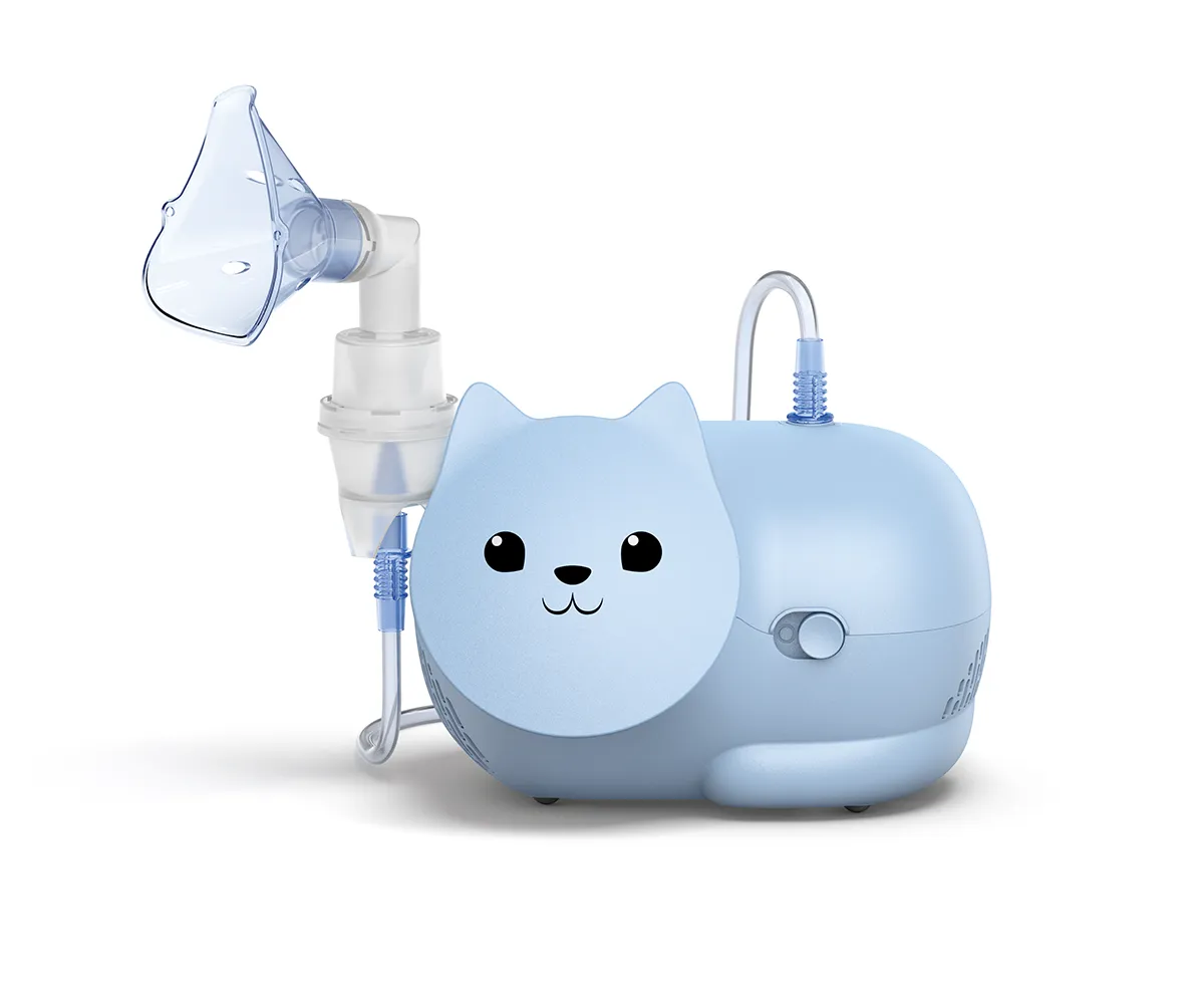 Blaues OMRON Nami Cat Inhalationsgerät in Form einer freundlichen Katze