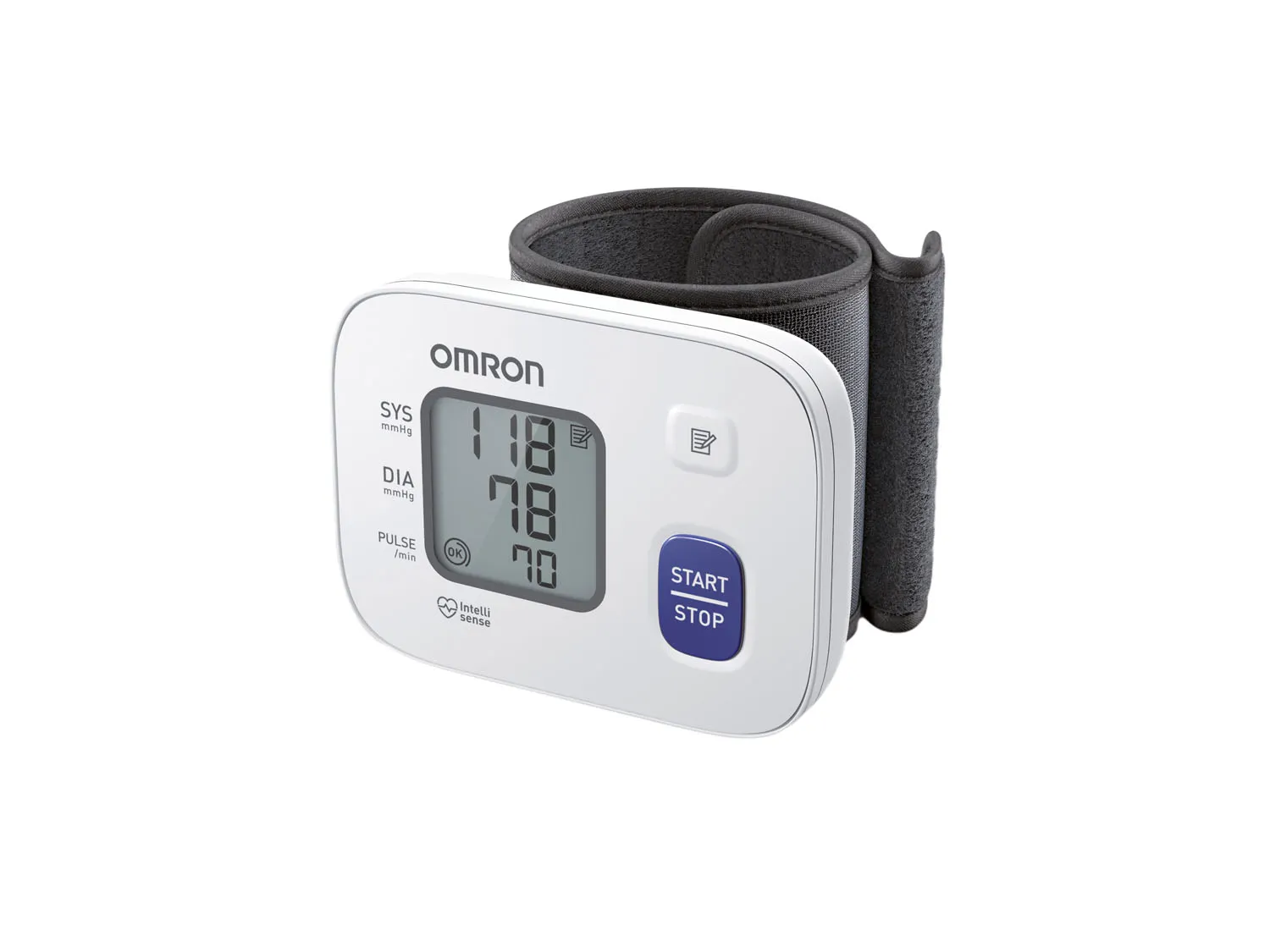 Handgelenk-Blutdruckmessgerät RS2 von OMRON, Ansicht komplettes Gerät von vorne, Gehäuse weiß und Manschette schwarz,die Anzeige im Display zeigt den Blutdruck 118 mmHg zu 78 mmHg und einen Plus von 70 bpm