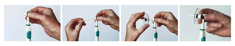 Wie die Einmaldüsen angewendet werden. Bilderfolge zur Anwendung für die Einmaldüsen für das Mulimed-Otoscillo Ohrspülgerät