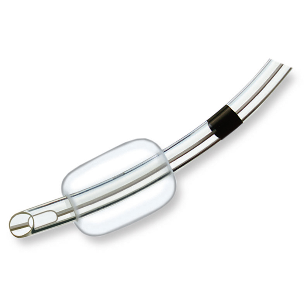 Glasklarer Super Safety Murphy Trachealtubus mit blauem Kontrollballon und Murphy-Auge an der Spitze.