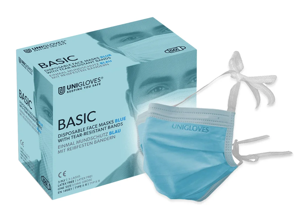  OP-Mundschutz Basic, mit Bändern, blau Einmal OP-Mundschutz, mit latexfreien reißfesten Bänder, individuell anzupassen