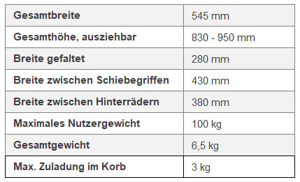 Let´s Go Wohnraum Rollator Technische Daten