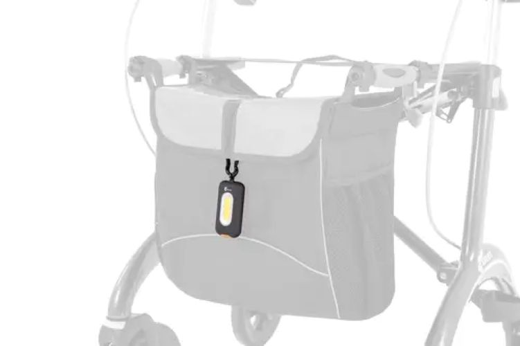 Schwarze Saljol LED-Lampe mit Karabinerhaken für Rollatoren