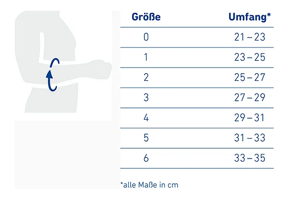 Schmerzlindernde Ellenbogenbandage Bauerfeind EpiTrain Größen Größentabelle der Bauerfeind EpiTrain