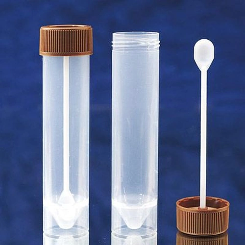 Transparente Stuhlröhrchen mit braunem Schraubverschluss und Entnahmelöffel