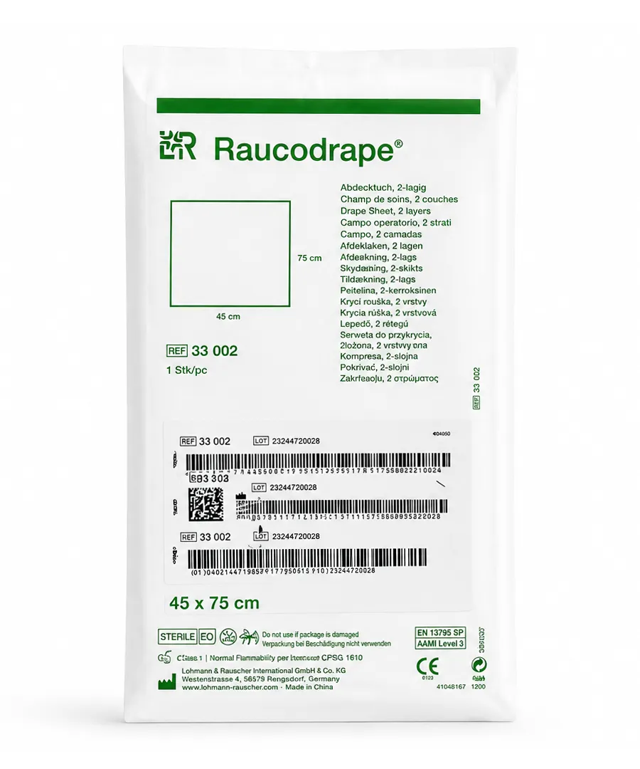 Raucodrape Abdecktuch 45 x 75 cm von Lohmann & Rauscher – steriles 2-lagiges OP-Abdecktuch für Klinik, Praxis und ambulante Eingriffe.