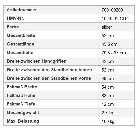 Technische Daten Gehgestell Gecko reziprok Technische Daten