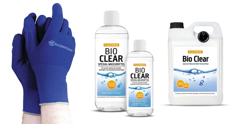 Zubehör für Kommpressionsstrümpfe Handschuhe und Waschmittel für Kompressiosstrümpfe