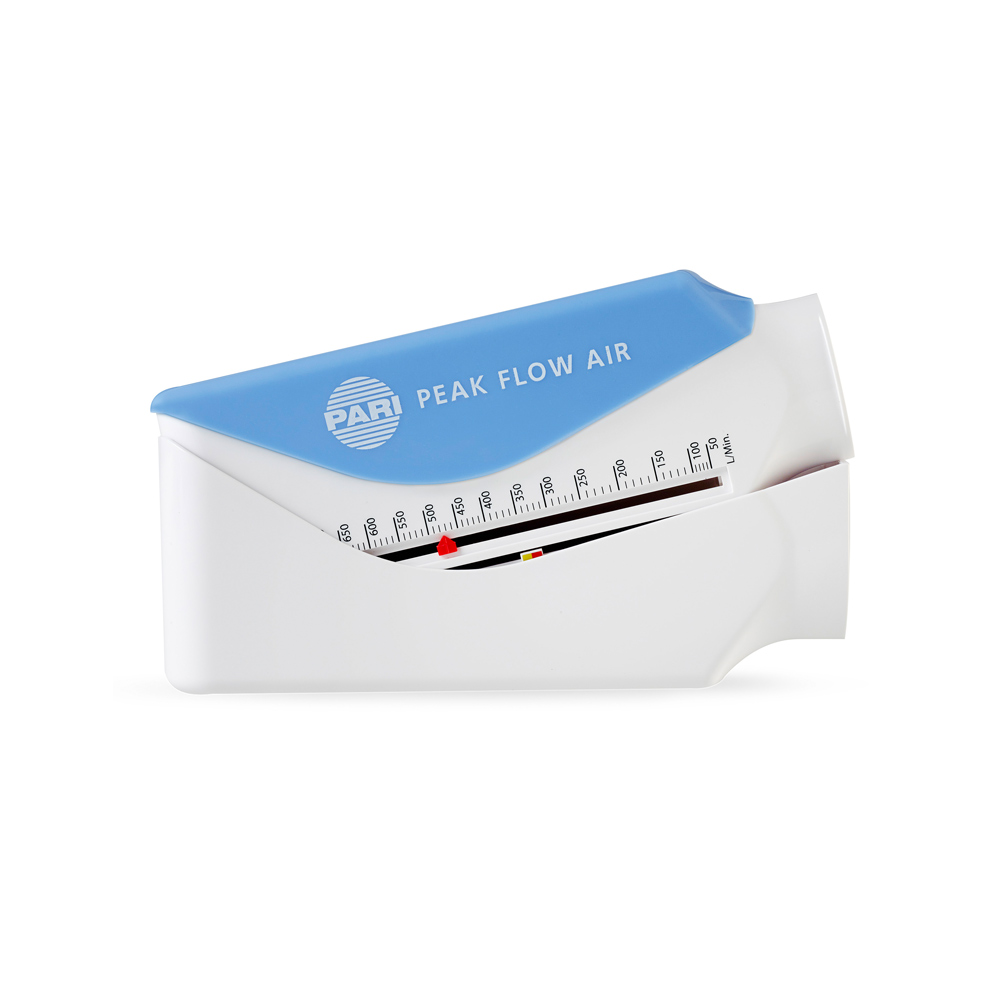 Weißes PARI PEAK FLOW AIR Messgerät mit farbiger Ampelskala und Mundstück